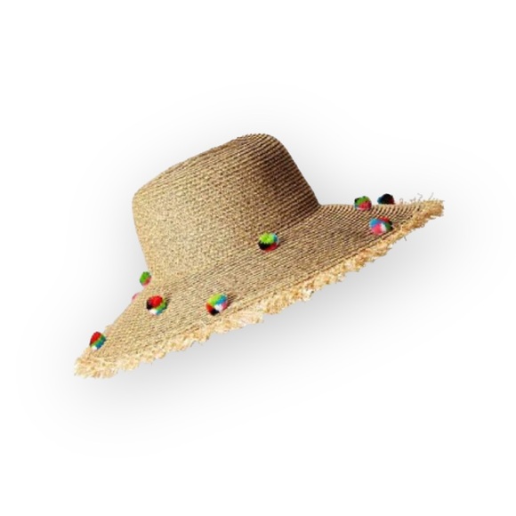new ✶ Pom Pom Embellished ✶ Raffia Straw Wide Brim Sun Hat ✶ Resort Cruise Chic - Picture 9 of 16